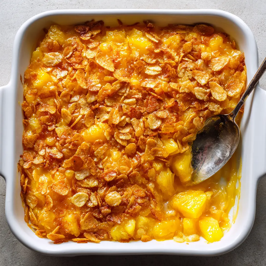 The Ultimate Baked Pineapple Bake Recipe 1 A close-up shot of a rustic silver spoon dipping into a warm Pineapple Bake recipe revealing sweet amber syrup and fruit.