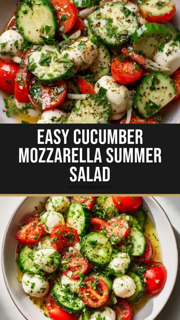 Crisp & Fresh Cucumber Mozzarella Salad Recipe 3 A close up top-down shot of Cucumber Mozzarella Salad with thick half-moon cucumber slices, fresh white mozzarella pearls, and halved bright red cherry tomatoes in a glossy vinaigrette.