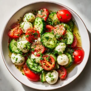 Crisp & Fresh Cucumber Mozzarella Salad Recipe 4 Fresh salad ingredients including crisp green cucumbers, mozzarella pearls, and cherry tomatoes in a white ceramic bowl.