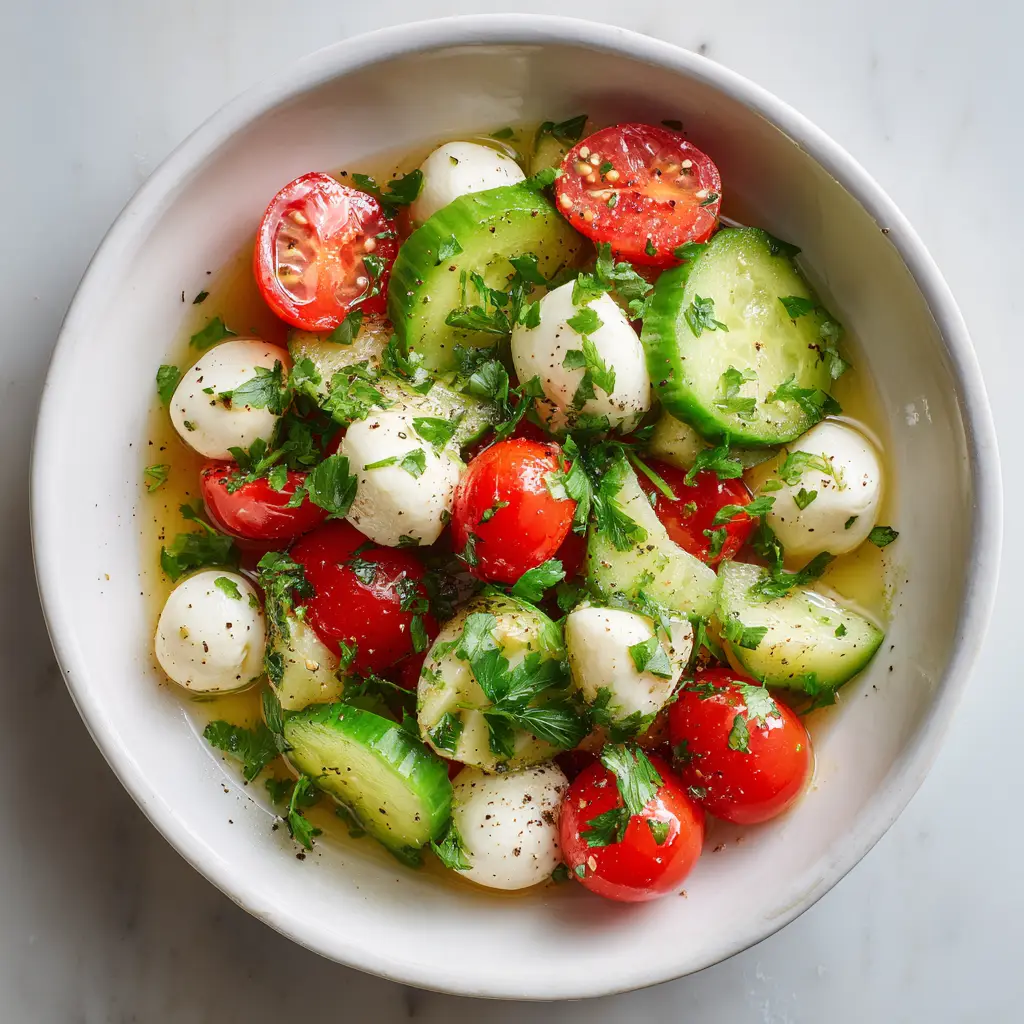 Crisp & Fresh Cucumber Mozzarella Salad Recipe 1 Cucumber Mozzarella Salad coated in a light, translucent oil-based vinaigrette, garnished with fresh green parsley and coarse black pepper.