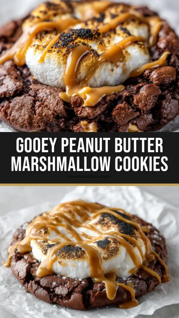 A close-up of thick Chocolate Peanut Butter Marshmallow Cookies resting on crumpled parchment paper, featuring a melted marshmallow center and creamy peanut butter ribbons.