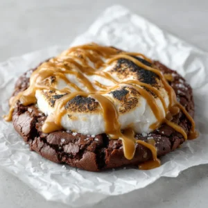 Detailed view of the dark brown fudgy chocolate cookie dough topped with a puffy, glossy toasted marshmallow and creamy peanut butter drizzle.