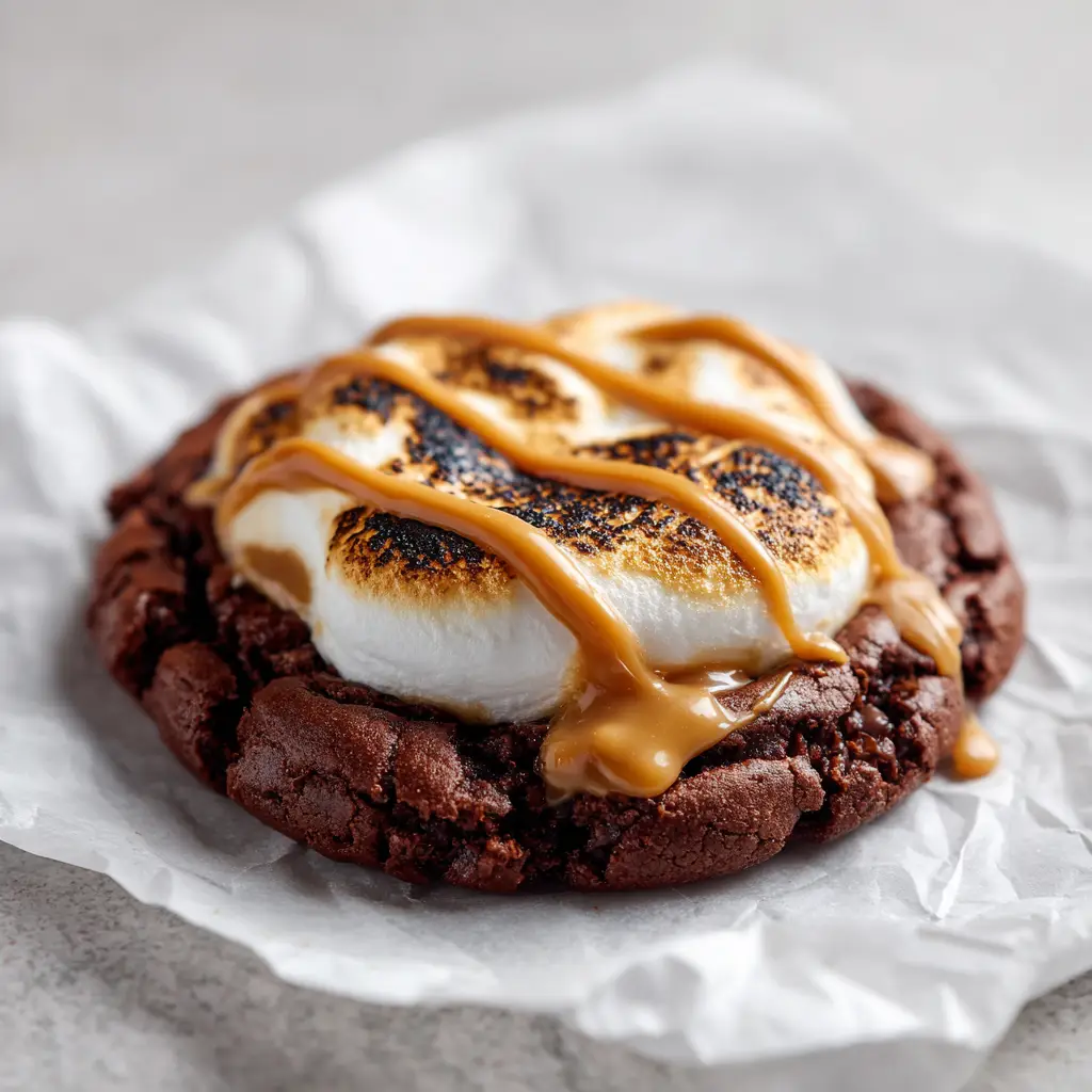Handheld photo showing a freshly baked chocolate cookie with golden-brown toasted marshmallow and thick peanut butter drizzle on white parchment.