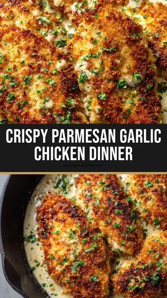 Irresistible Parmesan Crusted Chicken in Creamy Garlic Sauce 3 A close up overhead shot of golden-brown pan-fried Parmesan crusted chicken breasts with a thick textured crispy crust in a matte black cast iron skillet.