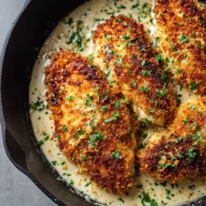 Irresistible Parmesan Crusted Chicken in Creamy Garlic Sauce 4 Raw ingredients for Parmesan crusted chicken including chicken breasts, panko, parmesan cheese, heavy cream, fresh parsley, and garlic.