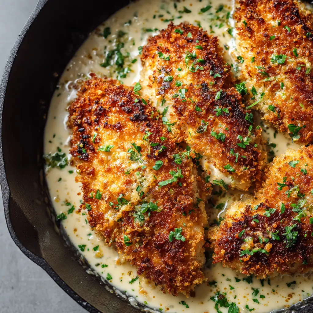 Irresistible Parmesan Crusted Chicken in Creamy Garlic Sauce 1 Pan-fried Parmesan crusted chicken resting in a shallow pool of velvety glossy off-white creamy garlic sauce, speckled with green parsley.