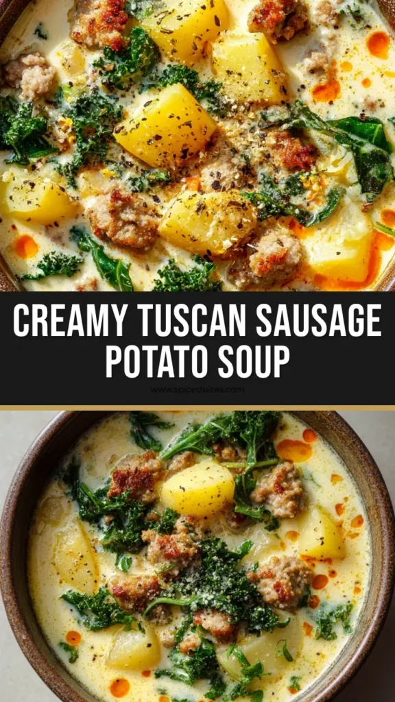 Creamy Tuscan Sausage and Potato Soup 3 A rustic ceramic bowl filled with creamy Tuscan sausage and potato soup featuring wilted kale and seared sausage.