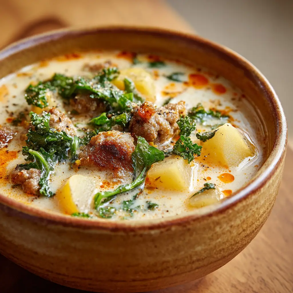 Creamy Tuscan Sausage and Potato Soup 1 Tuscan Sausage and Potato Soup simmering in a pot with shimmering orange savory oil droplets on top.