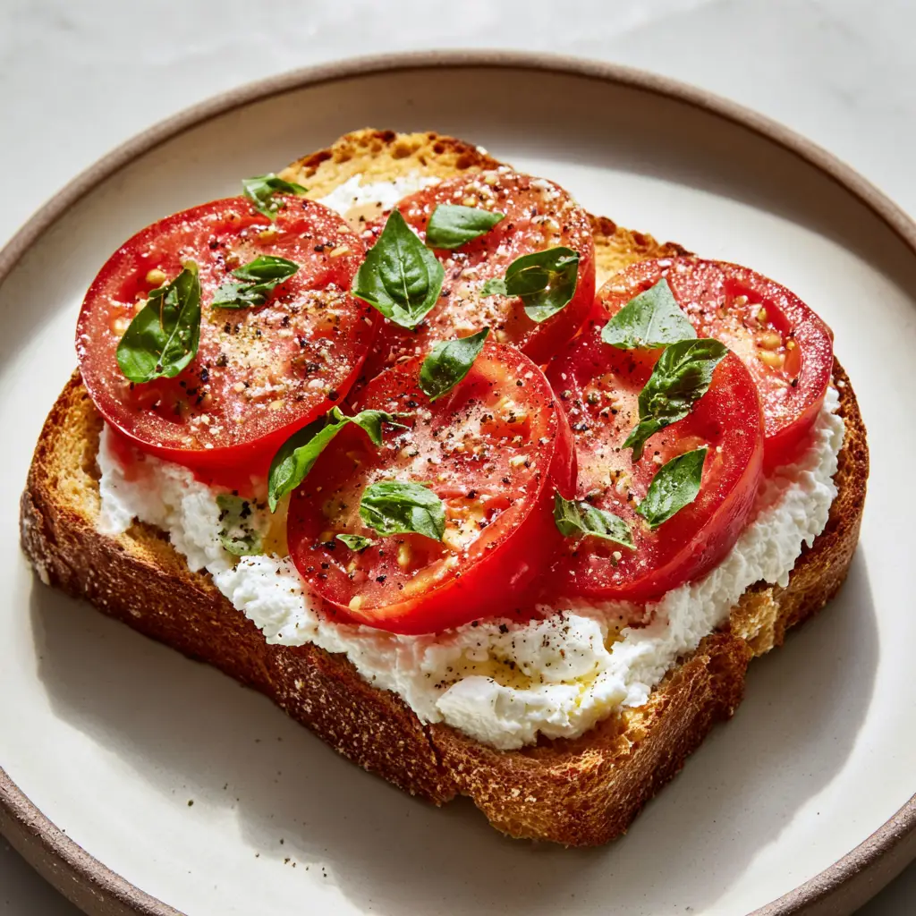 The Ultimate Fresh Tomato and Cottage Cheese Toast 1 Spreading chunky white cottage cheese onto a slice of golden-brown toasted artisan sourdough bread.