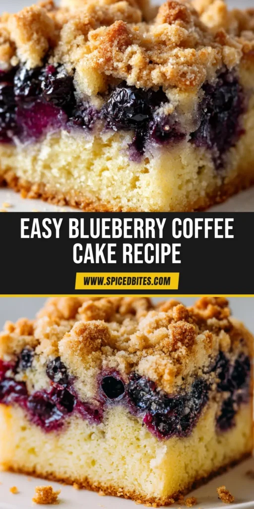 The Ultimate Blueberry Coffee Cake Recipe 3 A square slice of freshly baked blueberry coffee cake with bursting dark violet blueberries and golden brown streusel on a white ceramic plate.