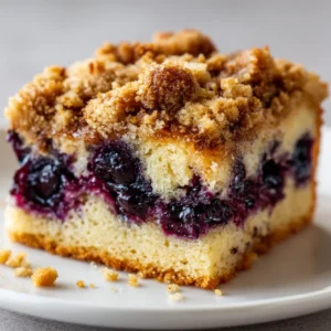 The Ultimate Blueberry Coffee Cake Recipe 4 Close up view of soft, moist pale yellow cake crumb studded with deep purple baked blueberries.