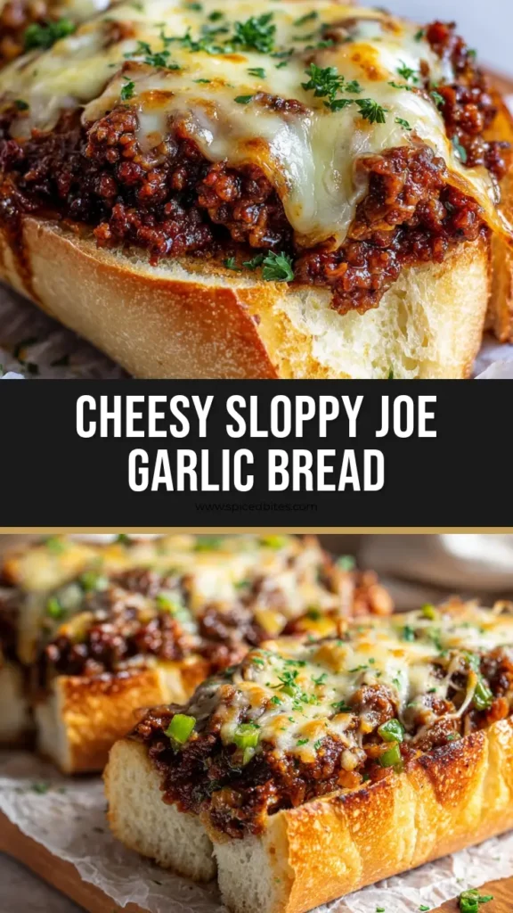 Ultimate Sloppy Joe Garlic Bread 3 A close-up angled shot of a halved crusty French baguette piled high with thick dark reddish-brown ground beef sloppy joe mixture and a bubbly melted mozzarella and sharp cheddar cheese blend. Plated on parchment paper over a rustic wooden cutting board.