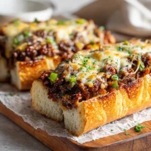 Ultimate Sloppy Joe Garlic Bread 4 Raw ingredients for Sloppy Joe Garlic Bread including a crusty French baguette, lean ground beef, diced onions and green bell peppers, garlic butter, and shredded mozzarella and cheddar cheese.