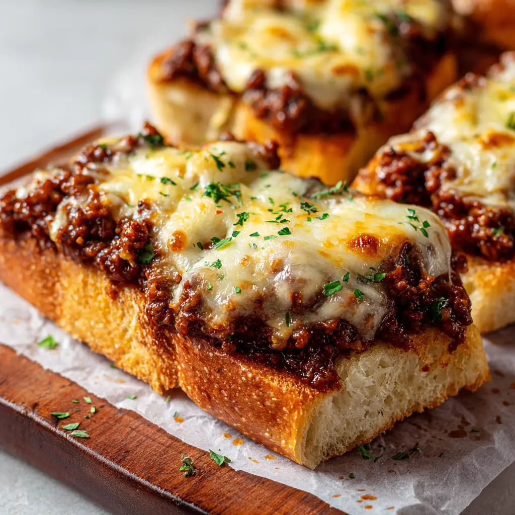Ultimate Sloppy Joe Garlic Bread 1 Ground beef browning in a skillet with diced onions and green bell peppers for the thick sloppy joe mixture.