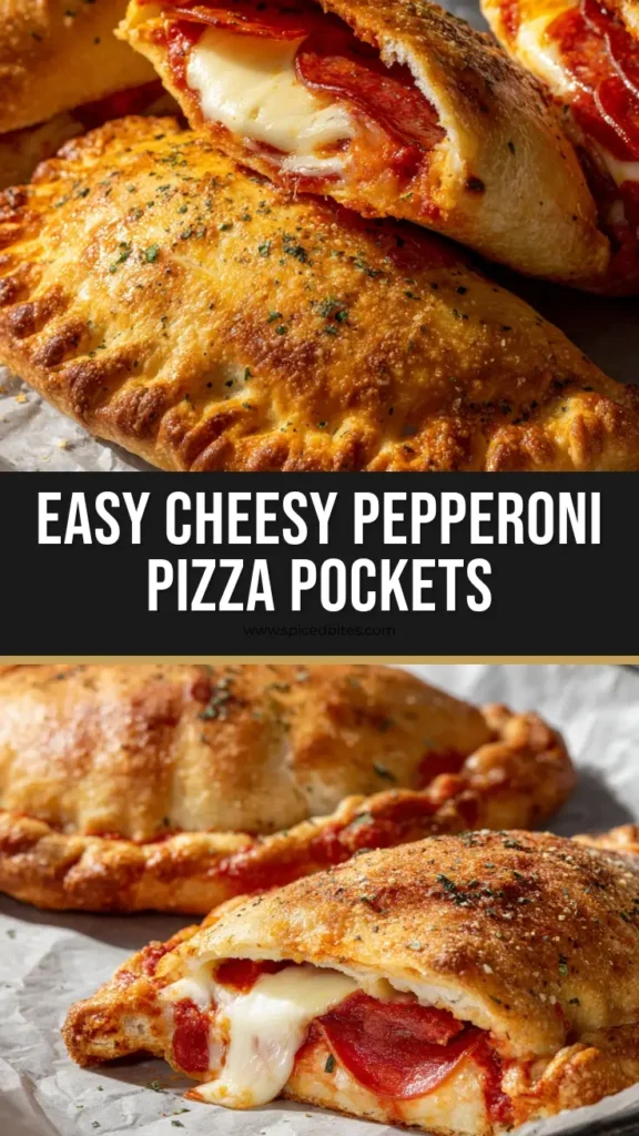 Ultimate Homemade Pizza Pockets (Extra Cheesy & Blistered) 3 Close-up of golden-brown Homemade Pizza Pockets cut in half, showing thick melted stretchy white mozzarella, thick red marinara, and circular sliced pepperoni on a dark grey baking pan.