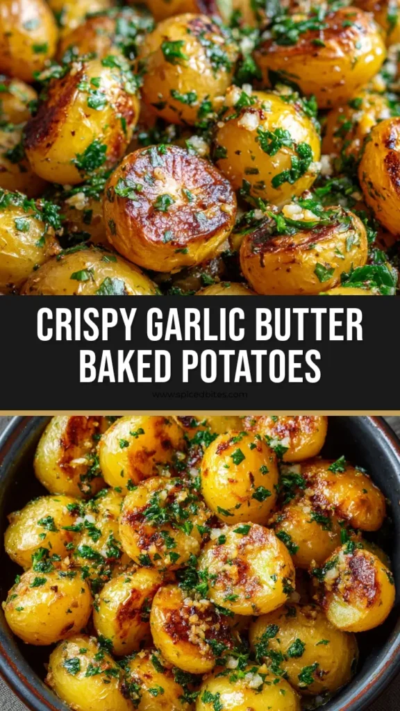 Halved baby yellow potatoes, roasted with golden brown crispy edges and blistered skins, coated in a glossy melted butter glaze with minced toasted garlic and fresh parsley. (Garlic Butter Potatoes)