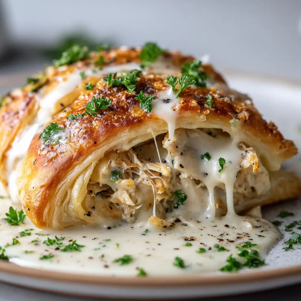 Chicken Pillows with Creamy Parmesan Sauce 1 A beautifully baked golden brown crescent dough bundle covered in a thick, creamy white Parmesan sauce cascading down the sides.