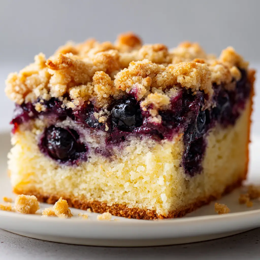 The Ultimate Blueberry Coffee Cake Recipe 1 Thick mound of golden brown baked streusel crumb topping featuring irregular, buttery clumps.