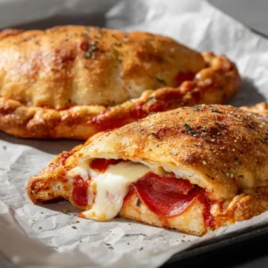 Ultimate Homemade Pizza Pockets (Extra Cheesy & Blistered) 4 Raw pizza dough rolled out and layered with thick red tomato marinara sauce, white mozzarella, and sliced pepperoni.