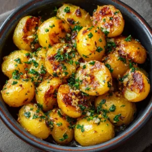 A close up showing fresh baby yellow potatoes being sliced and prepped for roasting. (Garlic Butter Potatoes)