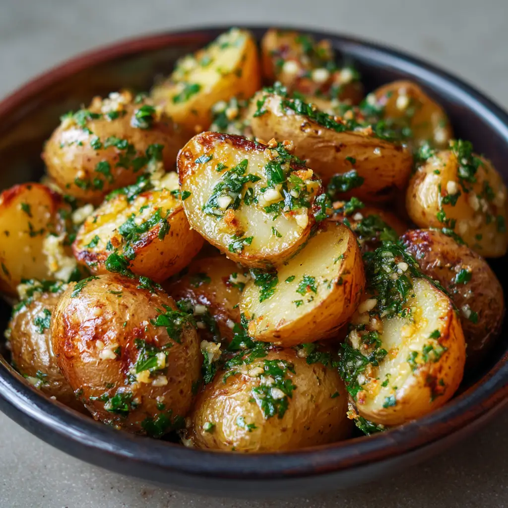 Freshly roasted baby yellow potatoes in a skillet, getting tossed in a glossy melted butter glaze with toasted garlic bits.