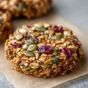 Healthy Nut and Seed Cookies (Chewy & Crispy) 4 Close-up of healthy nut and seed cookies featuring a densely packed matrix of oats, green pumpkin seeds, and dried cranberries.