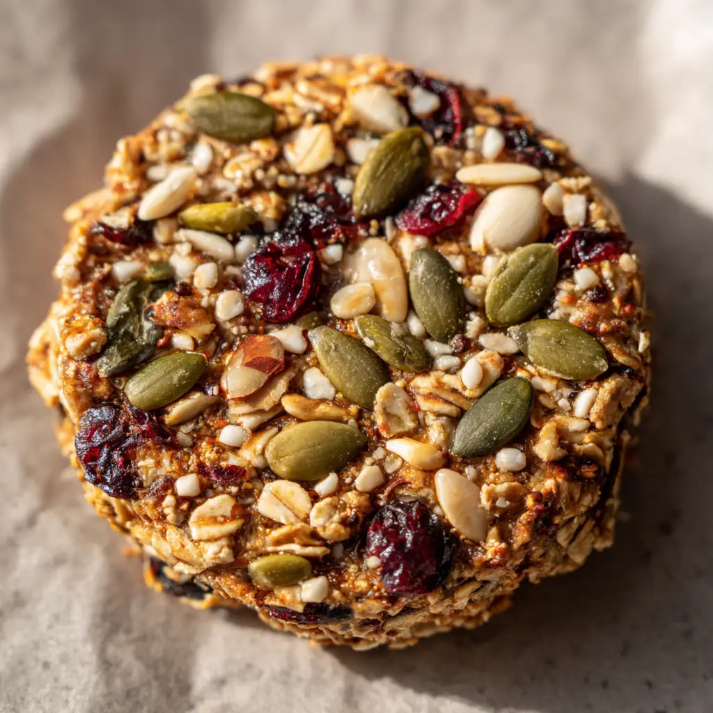 Healthy Nut and Seed Cookies (Chewy & Crispy) 1 A fully baked healthy nut and seed cookie with crispy browned edges and a glossy, chewy center.