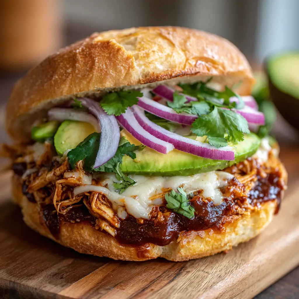The Ultimate Chicken Torta Sandwich 1 Close-up of stringy white Oaxaca cheese melting over glossy deep red chipotle shredded chicken.