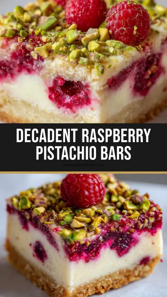 Decadent Layered Raspberry Pistachio Bars Recipe 4 A close-up of beautiful layered Raspberry Pistachio Bars showing a golden shortbread crust, creamy off-white cheesecake filling, glossy red puree, and crushed pistachios.