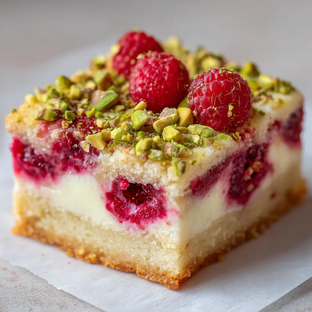 Decadent Layered Raspberry Pistachio Bars Recipe 1 Top view of Raspberry Pistachio Bars with a heavy scattering of coarse, roughly chopped vibrant green pistachios and streaks of glossy red puree.