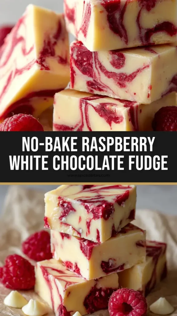 White Chocolate Raspberry Fudge 3 Square blocks of dense creamy White Chocolate Raspberry Fudge featuring glossy ruby red fruit puree marbled across the surface, stacked on parchment paper.