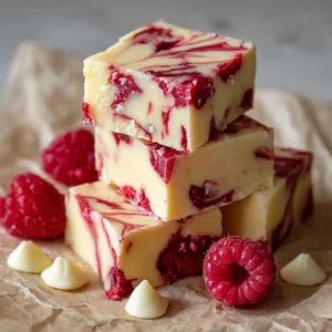 White Chocolate Raspberry Fudge 4 Thick, creamy white chocolate fudge base being swirled with glossy ruby red raspberry puree using a wooden skewer in a parchment-lined pan.