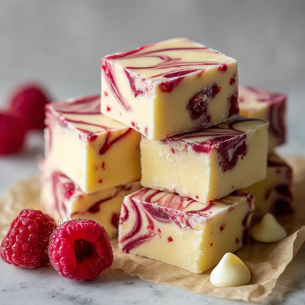 White Chocolate Raspberry Fudge 1 A close-up of sliced White Chocolate Raspberry Fudge on a flat marble surface showing fine raspberry seeds within the bright red swirls.