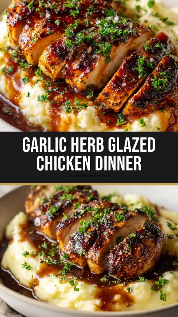 Garlic Herb Chicken with Creamy Mashed Potatoes 4 A close up shot of a thick, seared Garlic Herb Chicken breast with a dark, sticky caramelized glaze over creamy mashed potatoes.