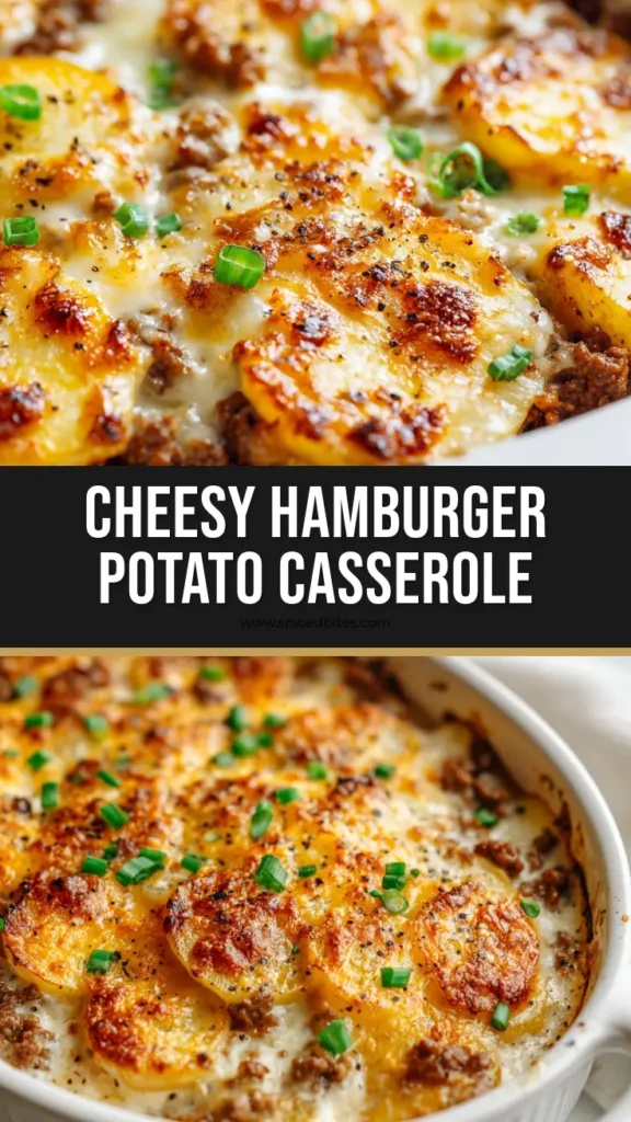 The Ultimate Cheesy Hamburger Potato Casserole 4 A freshly baked Hamburger Potato Casserole with bubbly, melted cheddar and mozzarella cheese, garnished with green onions in a white ceramic baking dish.