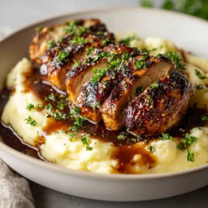 Garlic Herb Chicken with Creamy Mashed Potatoes 3 Thick medallions of Garlic Herb Chicken resting on smooth buttery mashed potatoes covered in a dark brown pan sauce.