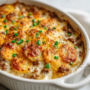 The Ultimate Cheesy Hamburger Potato Casserole 3 Close-up view of a baked cheesy hamburger potato casserole showing layers of thin golden potatoes and creamy browned ground beef.