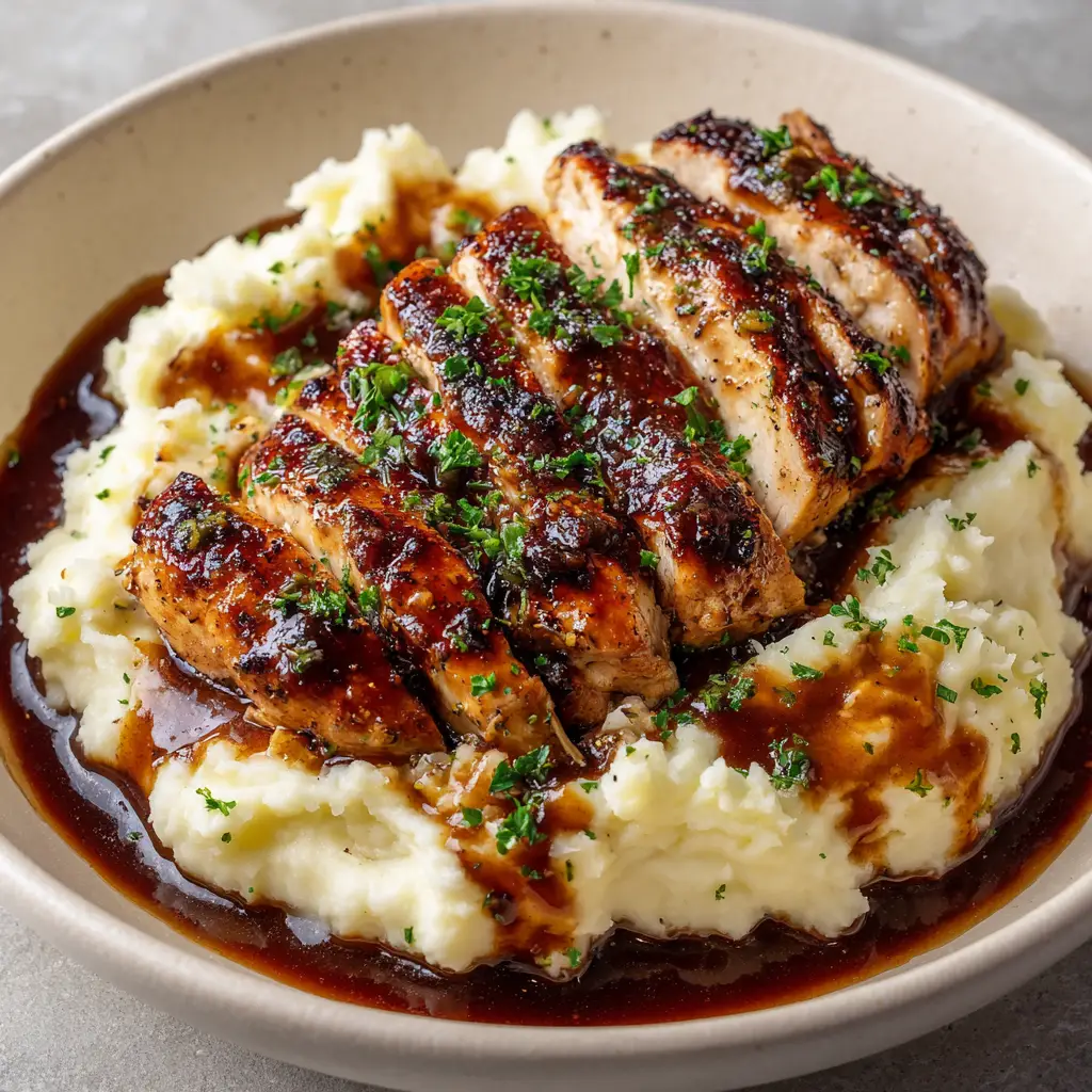 Garlic Herb Chicken with Creamy Mashed Potatoes 1 Close up of chopped fresh green parsley and cracked black pepper garnishing a glossy brown pan sauce over chicken.