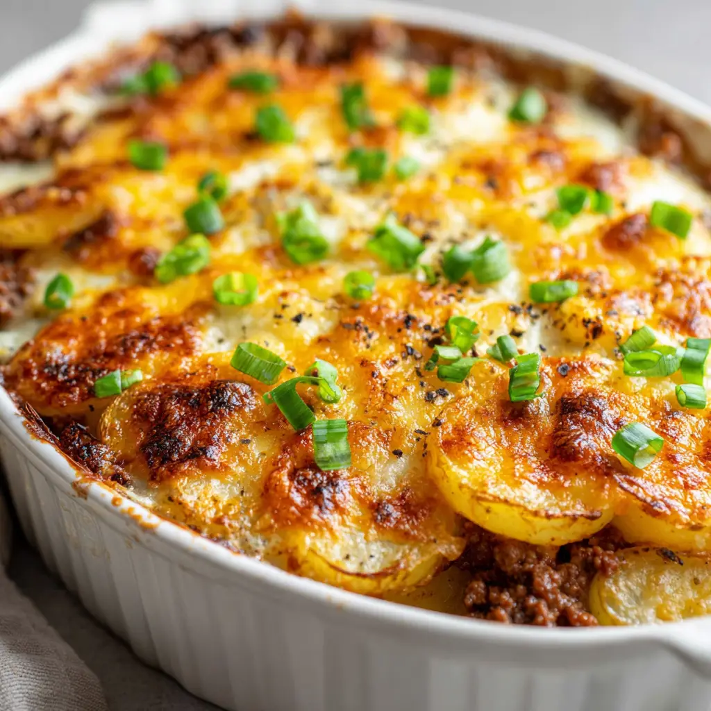 The Ultimate Cheesy Hamburger Potato Casserole 1 Top view of bubbly melted cheddar and mozzarella cheese with crispy golden-brown charred spots on a potato casserole, topped with fresh green onions and coarse black pepper flakes.