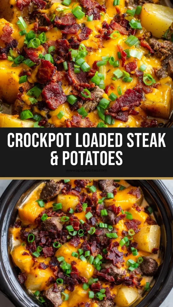 Ultimate Crockpot Steak and Potatoes 4 A rustic black ceramic slow cooker filled with Crockpot Steak and Potatoes, topped with bubbling orange cheddar cheese, crispy dark red bacon, and bright green scallions.
