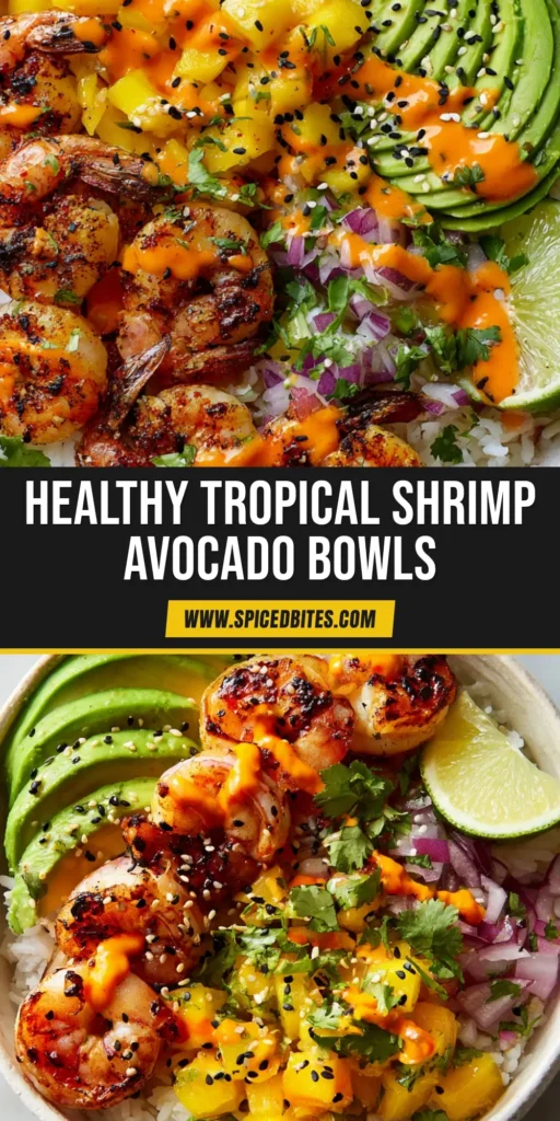 Vibrant Char-Grilled Shrimp and Avocado Bowls 4 A vibrant food bowl with fluffy white rice, plump char-grilled shrimp, sliced green avocado, diced yellow mango salsa, and orange-red lime-chili sauce drizzle. (Shrimp and Avocado Bowls)