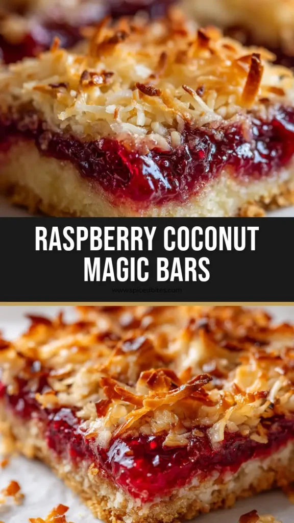 Raspberry Coconut Magic Bars 4 A freshly sliced Raspberry Coconut Magic Bar on parchment paper showing golden-brown crust, red seeded jam, and heavily toasted coconut.