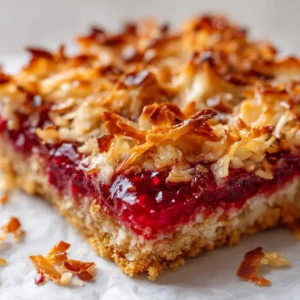 Raspberry Coconut Magic Bars 3 Close-up of a vibrant, shiny layer of deep red raspberry jam woven with gooey sweetened condensed milk and shredded coconut.