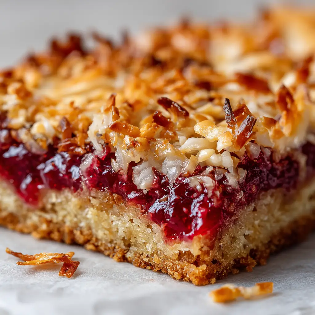 Raspberry Coconut Magic Bars 1 Tightly packed, heavily toasted shredded coconut flakes with slightly charred edges sitting on a thick graham cracker crust.