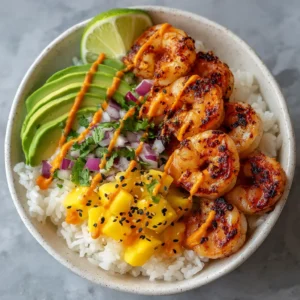 Vibrant Char-Grilled Shrimp and Avocado Bowls 3 Close-up of raw ingredients for Shrimp and Avocado Bowls, including large shrimp, sliced avocado, fresh mango, and bright lime wedges. (Shrimp and Avocado Bowls)