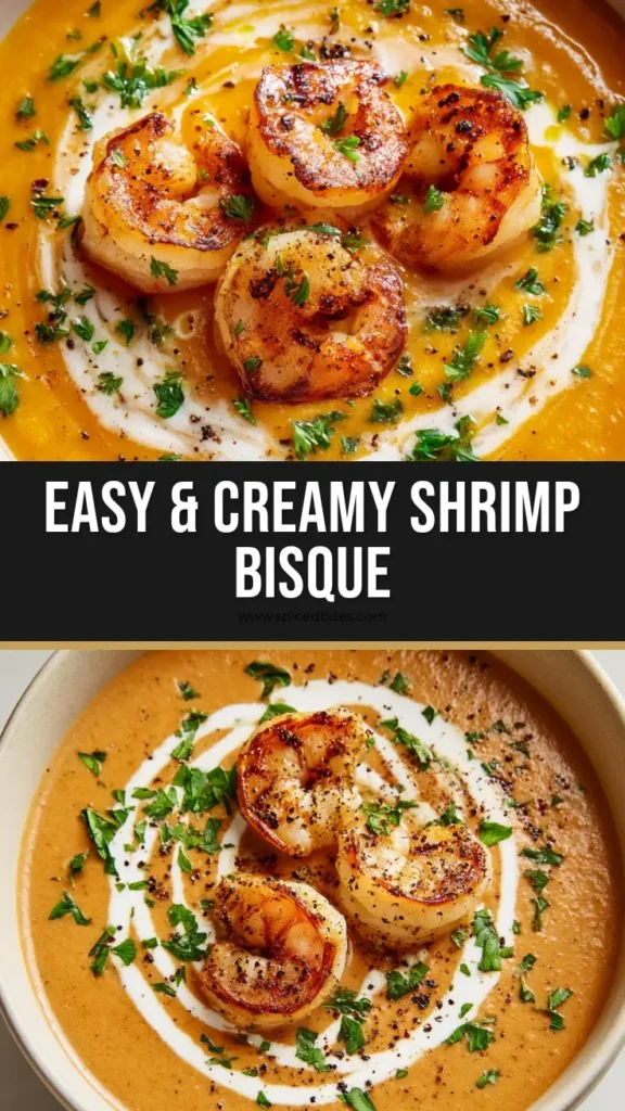 Best Classic Shrimp Bisque Recipe 4 A close-up view of a rich, creamy orange-pink shrimp bisque served in a white ceramic bowl, garnished with pan-seared pink shrimp, a ribbon of heavy cream, parsley, and cracked black pepper.