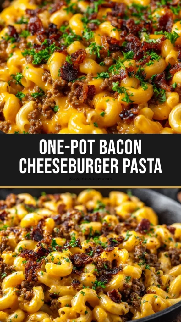 The Ultimate Bacon Cheeseburger Pasta 4 A cast iron skillet full of Bacon Cheeseburger Pasta heavily coated in melted orange cheddar cheese, topped with crispy bacon and fresh parsley.