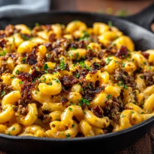 The Ultimate Bacon Cheeseburger Pasta 3 Close-up of cooked macaroni pasta mixed with ground beef and heavily coated in a thick, glossy orange cheddar cheese sauce.