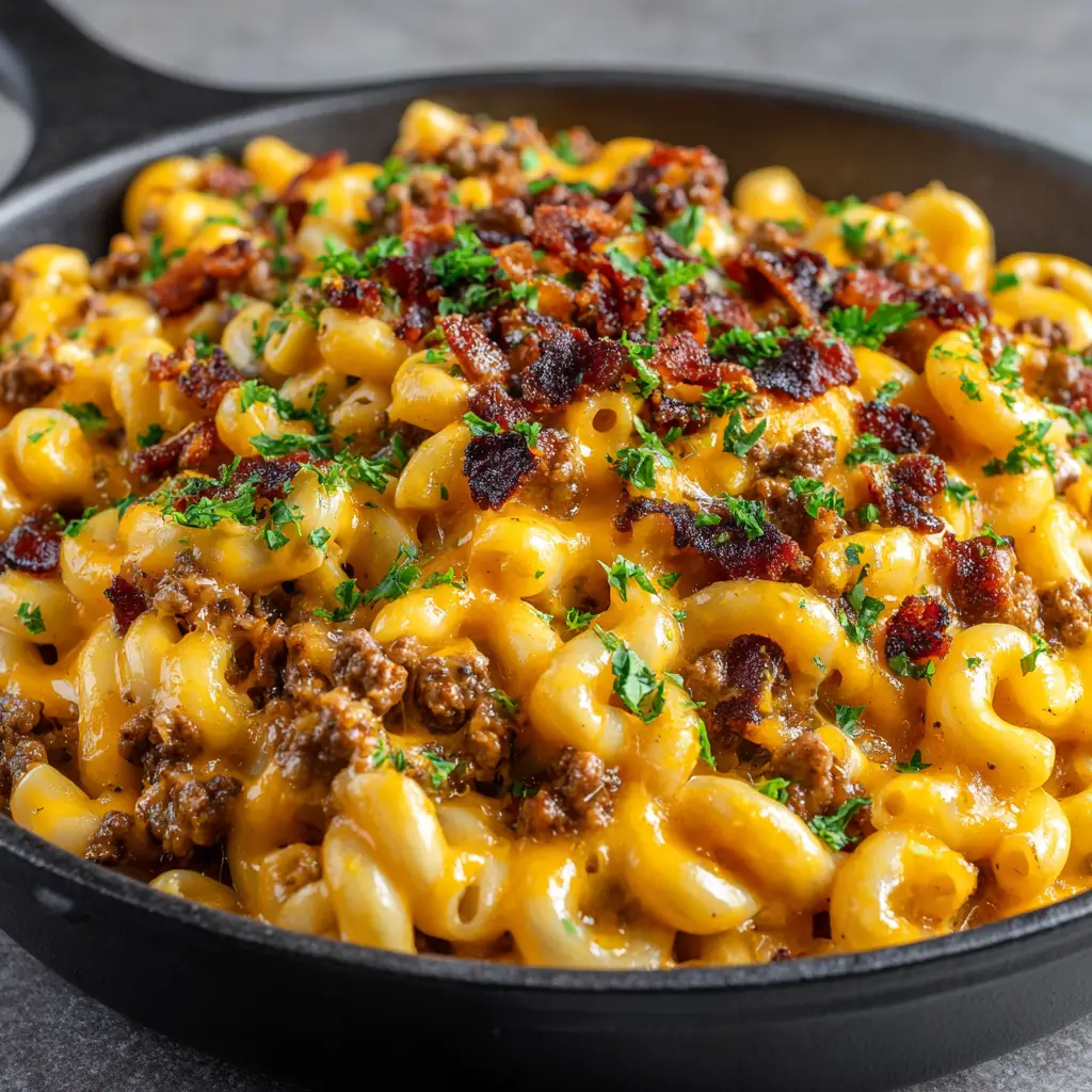 The Ultimate Bacon Cheeseburger Pasta 1 Top view of Bacon Cheeseburger Pasta garnished with crumbled bacon pieces and chopped parsley in a matte black cast-iron skillet.
