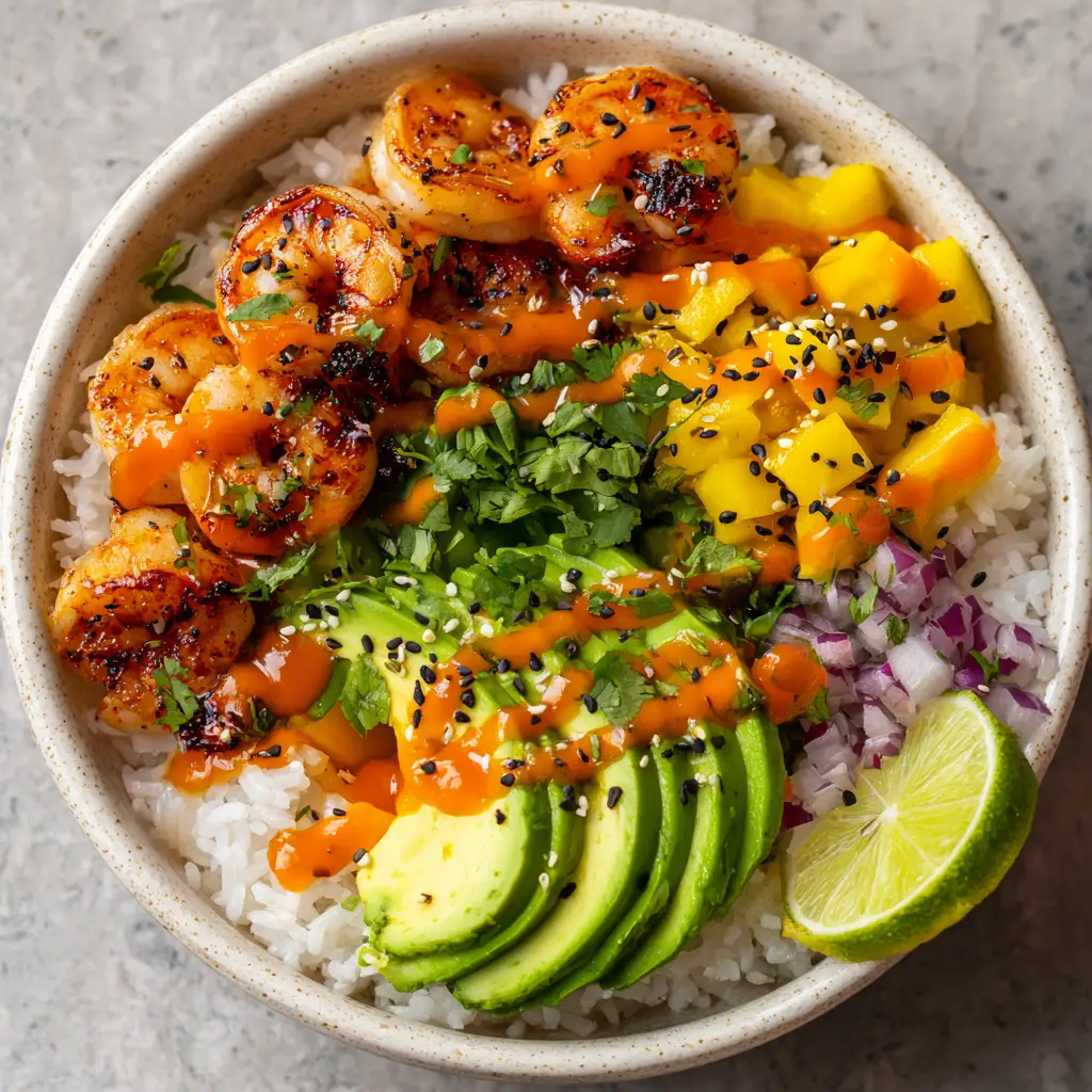 Vibrant Char-Grilled Shrimp and Avocado Bowls 1 Close up top-down view of char-grilled shrimp with reddish-orange seasoning and distinct grill marks resting on white rice.